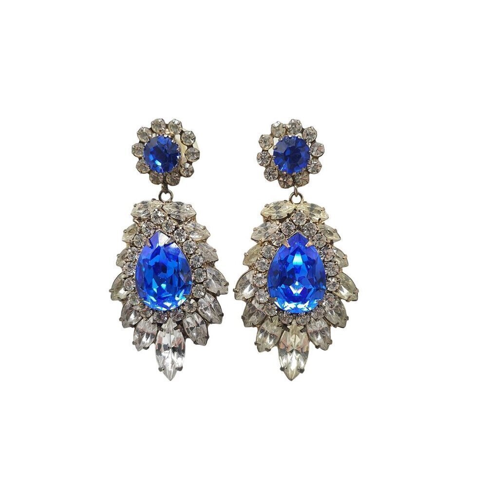 Vintage 1980s Blue Clear Rhinestone Bling Drop Earrings Silver Tone Backing